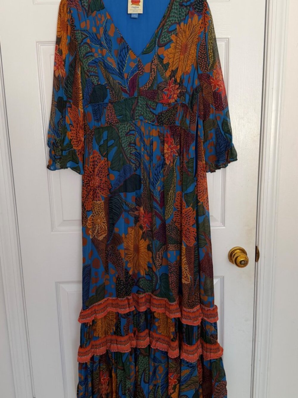 Farm Rio X Anthropologie Puff Sleeve M - 8 / 10 Blue Green Tropical Floral Maxi - Picture 3 of 6